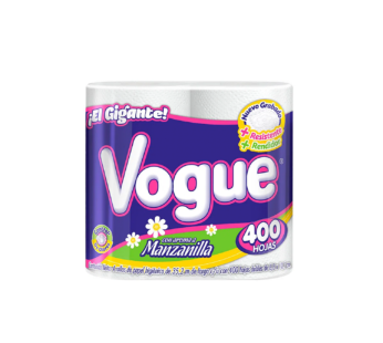 Papel Higiénico Vogue con aroma a manzanilla con 400 hojas dobles con 4 rollos c/u